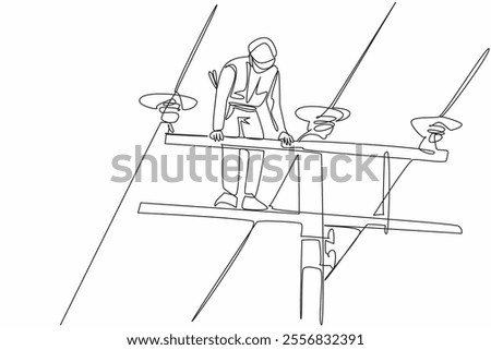 Continuous one line drawing lineman standing on top of electric pole and repairing electric cable. Full dedication. National Lineman Appreciation Day. Single line draw design vector illustration