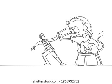 Continuous one line drawing a lion stands on a circus chair, pulling a chair with his trainer. A circus performance that makes the audience tense. Single line draw design vector graphic illustration.