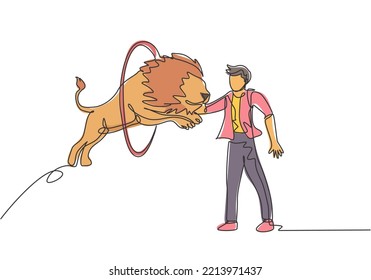 Continuous one line drawing a lion jumps into the circle held by the trainer. The trainer stands up carefully. A very challenging circus show. Single line draw design vector graphic illustration.