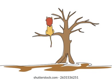Continuous one line drawing lion is sitting on a big dry tree branch. The food chain is slowly changing. Bad adaptation. National Endangered Species Day. Single line draw design vector illustration