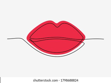 Continuous one line drawing of lips. Woman red lips logo for makeup. Minimalistic vector illustration for posters, cards, banner, template, design element, web
