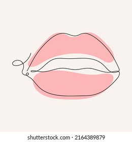 Dibujo continuo de una línea de labios. Logo de los labios rosados para maquillaje. Ilustración vectorial minimalista para afiches, tarjetas, banner, plantilla, elemento de diseño, web.