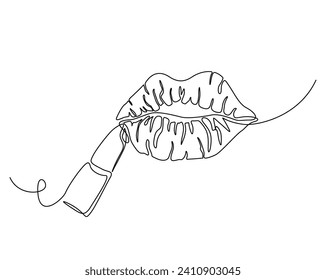 Continuous one line drawing of lips with lipstick. lipstick cosmetic outline vector illustration. Editable stroke.