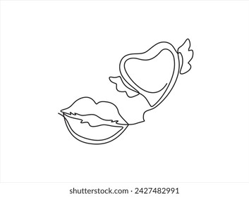Dibujo continuo de una línea de labios y corazón volador con alas. Concepto de hablar de amor, enviar una carta de amor
