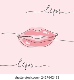 Dibujo continuo de una línea de los labios sobre fondo claro. Labios rosados de una mujer. Ilustración vectorial de contorno. Para banner, elemento de diseño, plantilla, postal.