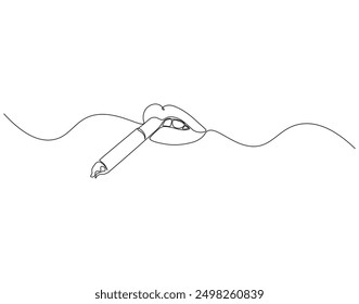 Continuous one line drawing of lips with cigarette. One line drawing illustration of mouth with cigarette. Healthy, Lifestyle concept line art. Editable outline