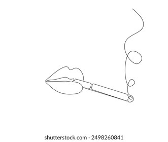 Continuous one line drawing of lips with cigarette. One line drawing illustration of mouth with cigarette. Healthy, Lifestyle concept line art. Editable outline