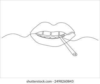 Continuous one line drawing of lips with cigarette. One line drawing illustration of mouth with cigarette. Healthy, Lifestyle concept line art. Editable outline