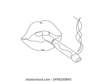Continuous one line drawing of lips with cigarette. One line drawing illustration of mouth with cigarette. Healthy, Lifestyle concept line art. Editable outline