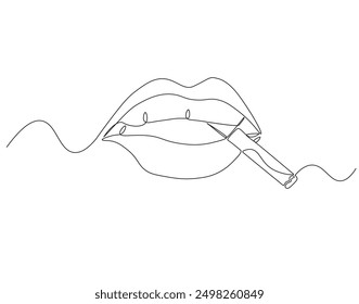 Dibujo continuo de una línea de labios con cigarrillo. Una línea de dibujo ilustración de la boca con el cigarrillo. Arte de línea de concepto saludable y estilo de vida. Esquema editable