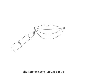 Continuous one line drawing of lips with lipstick. One line illustration of lipstick on lips. Cosmetics, Cosmetology concept vector design. Editable outline.
