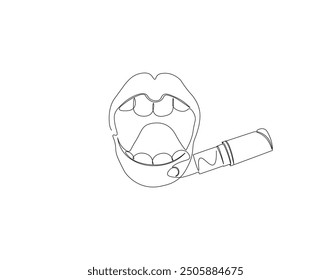 Continuous one line drawing of lips with lipstick. One line illustration of lipstick on lips. Cosmetics, Cosmetology concept vector design. Editable outline.
