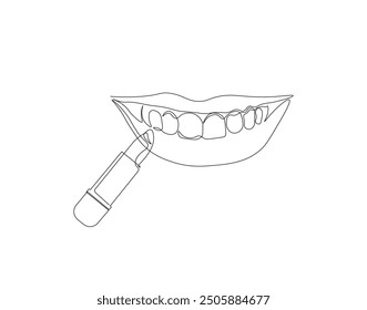 Continuous one line drawing of lips with lipstick. One line illustration of lipstick on lips. Cosmetics, Cosmetology concept vector design. Editable outline.
