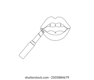 Continuous one line drawing of lips with lipstick. One line illustration of lipstick on lips. Cosmetics, Cosmetology concept vector design. Editable outline.
