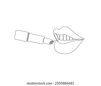 Continuous one line drawing of lips with lipstick. One line illustration of lipstick on lips. Cosmetics, Cosmetology concept vector design. Editable outline.
