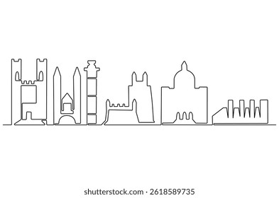 Continuous one line drawing of Lisboa city skyline. Single line drawing illustration of Portugal cityscape. Beautiful buildings and architecture concept vector art. Doodle line illustration.