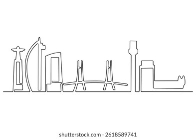 Dibujo continuo de una línea del horizonte de Lisboa. Ilustración de dibujo de una sola línea del paisaje urbano de Portugal. Hermosos edificios y Arte vectorial de concepto arquitectónico. Ilustración de línea Doodle.