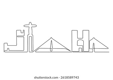 Continuous one line drawing of Lisboa city skyline. Single line drawing illustration of Portugal cityscape. Beautiful buildings and architecture concept vector art. Doodle line illustration.