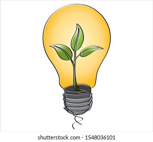Continuous one line drawing little shoot grow in a light bulb. Eco concept.