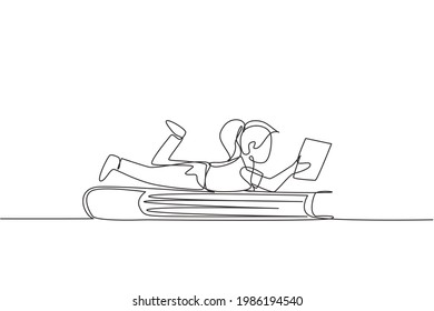 Continuous one line drawing little girl reading, learning and laying down on big book. Study in library. Smart student, education concept, fair. Single line draw design vector graphic illustration