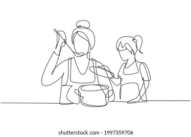 Continuous one line drawing little daughter holding pan lid   her beautiful mom tasting food using cooking spoon  Cooking together in kitchen  Single line draw design vector graphic illustration