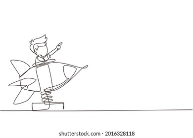 Continuous One Line Drawing Little Boy Riding In Toy Rocket. Kid Driving Spaceship In Amusement Park. Child In Rocket Riding Cosmic Ship. Playground For Preschoolers. Single Line Draw Design Vector