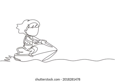 Continuous one line drawing little girl riding jet ski. Happy smiling child with rides water scooter on ocean waves. Summer water sport concept. Single line draw design vector graphic illustration