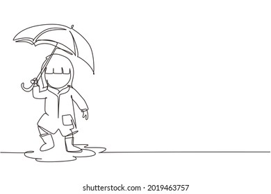 Continuous one line drawing little girl play wear raincoat and umbrella. Child playing in rain. Kid in raincoat and rubber boots plays in rain, puddle splashing. Single line draw design vector graphic