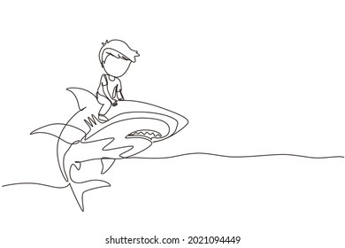 Continuous one line drawing little boy riding inflatable shark. Young kid sitting on back shark in swimming pool. Shark ocean fish in deep water. Single line draw design vector graphic illustration