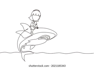 Continuous one line drawing little girl riding inflatable shark. Young kid sitting on back shark in swimming pool. Shark ocean fish in deep water. Single line draw design vector graphic illustration