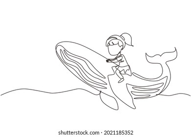 Continuous one line drawing little girl riding blue whale. Young kid sitting on back of whale at beach. Child learning to ride large blue whale. Single line draw design vector graphic illustration