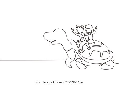 Continuous one line drawing little boy and girl riding sea turtle together. Children sitting on back tortoise with fins diving in beach. Kids learning to ride turtle. Single line draw design vector