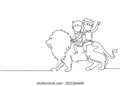 Continuous one line drawing little boy and girl riding lion together. Children sitting on back big lion at circus event. Kids learning to ride beast animal. Single line draw design vector graphic