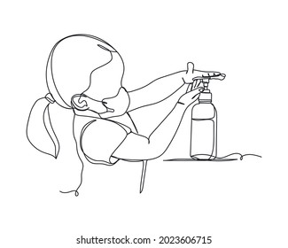Continuous one line drawing of little girl using wash hand sanitizer in silhouette on a white background. Linear stylized.Minimalist.