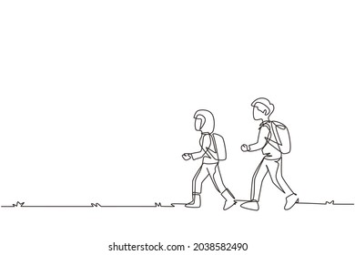 Continuous one line drawing little boy and girl goes camping in nature. Happy kids walking on camping ground, hiking, backpacks, adventure. Family leisure. Single line draw design vector illustration