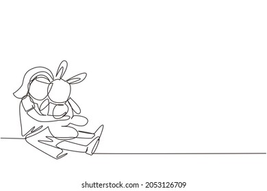 Continuous one line drawing little girl hug her doll and cry or scared or sad or feel bad or in trouble. Sitting on floor. Concept of orphan kid. Single line draw design vector graphic illustration