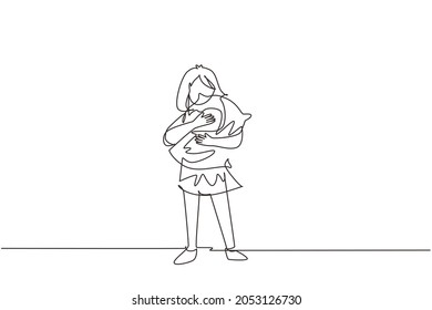 Continuous one line drawing little sleepy kid girl in pajamas standing and hugging pillow. Family, bedtime, early childhood. Tired cute girl ready to sleep. Single line draw design vector illustration