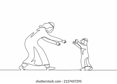 Continuous one line drawing little boy running to his dad. Child happy to greet dad returning home. Arabian dad stretching hands to son. Cheerful kid and parent. Single line draw design vector graphic