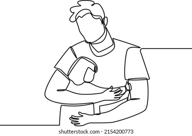 Continuous one line drawing of little daughter hugs her father. Father is superhero. Happy father's day. Single line draw design vector graphic illustration.