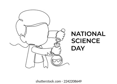 Continuous one line drawing little student pouring chemical liquid in tube. Science day concept. Single line draw design vector graphic illustration. 
