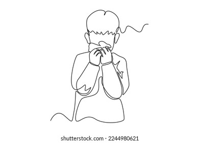 Continuous one line drawing Little boy blowing nose into tissue paper. Healthcare concept. Single line draw design vector graphic illustration.