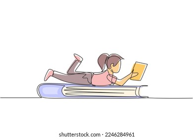 Continuous one line drawing little girl reading, learning and laying down on big book. Study in library. Smart student, education concept, fair. Single line draw design vector graphic illustration