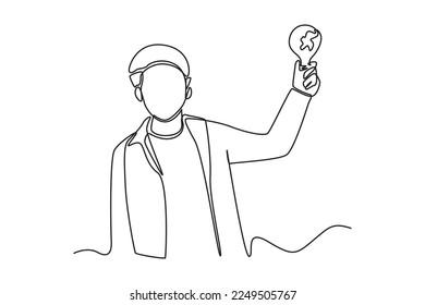 Continuous one line drawing little boy is holding a light bulb in his hand. Earth hour concept. Single line draw design vector graphic illustration.