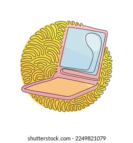 Espejo continuo de una línea dibujando un pequeño espejo. Pequeño espejo de maquillaje de bolsillo de belleza. Mano sosteniendo un espejo cosmético. Estilo de fondo del círculo de redondeo giratorio. ilustración vectorial de diseño de línea única