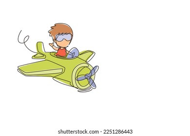 Continuous one line drawing little boy operating plane. Kids flying in airplane. Happy smiling kid flying plane like real pilot and dreaming of piloting profession. Single line draw design vector