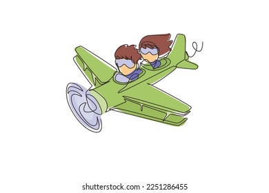 Continuous one line drawing little boy operating plane and a girl as passengers. Kids flying in airplane. Happy smiling kid flying plane like real pilot. Single line design vector graphic illustration