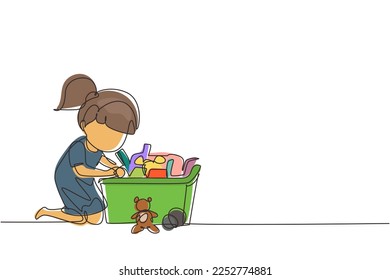 Continuous one line drawing little girl putting her toys into box  Kids doing housework chores at home concept  Smiling child storing her toys in box  Single line design vector graphic illustration