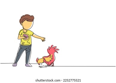 Una línea contínua dibujando a los niños alimentando a los pollos en la granja de pollos. Niña agricultora alimentando gallos, gallinas y pollos. La vida de los niños granjeros. ilustración vectorial de diseño de línea única