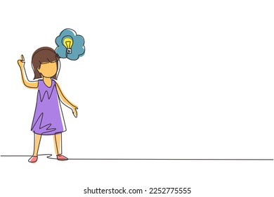 Continuous one line drawing little girl thinking. Kids think creative idea. Bubble with light bulbs sign. Concept of learning and growing children. Single line draw design vector graphic illustration