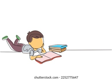 Continuous one line drawing little baby boy is reading book and dreaming lying on floor. Pile of books. Source of knowledge. Intelligent student. Single line draw design vector graphic illustration